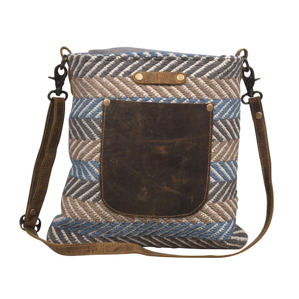 Myra Bag Handmade Blue Shoulder Bag Upcycled Canvas & Cowhide Leather